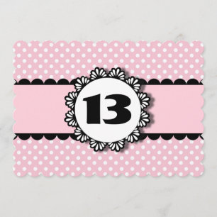 13:e Födelsedagsfesten Rosa Polka dots Scallops V0 Inbjudningar