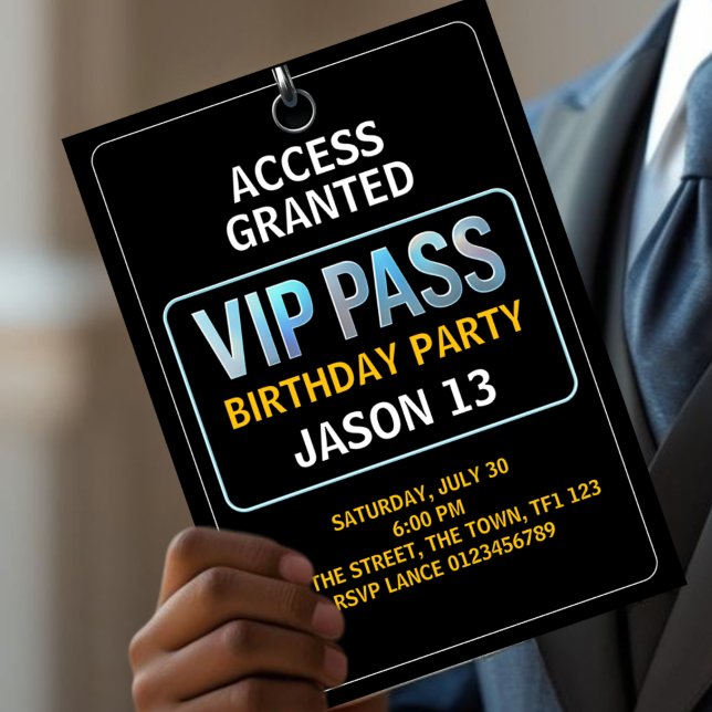 13:e Födelsedagsfesten, VIP Pass, Level 13, Boys Inbjudningar (Skapare uppladdad)