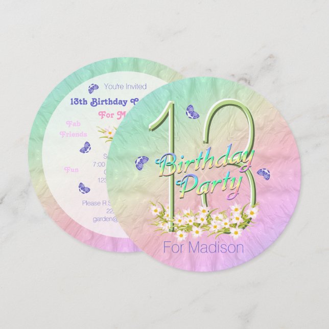 13:e Födelsedagsfestens inbjudan till Rainbow Butt (Fram/baksida)