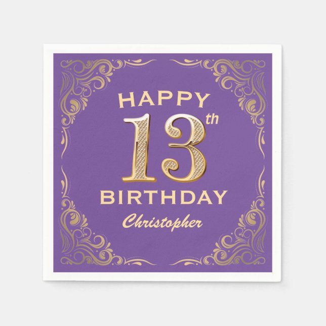 13:e Födelsedagsfestens Lila och Guld Glitter Ram Pappersservett (Framsidan)