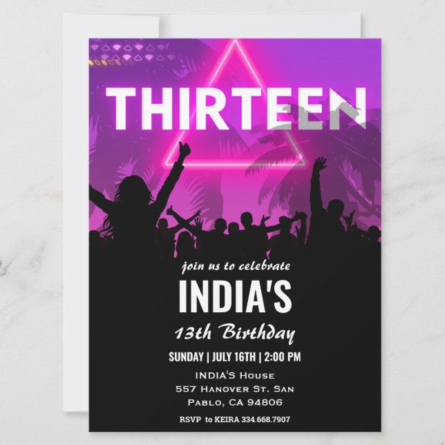 13:e Födelsedagsfestens Rosa Neon Inbjudningar (Framsida)