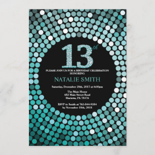 13:e födelsedagsinbjudan Black and Teal Glitter Inbjudningar