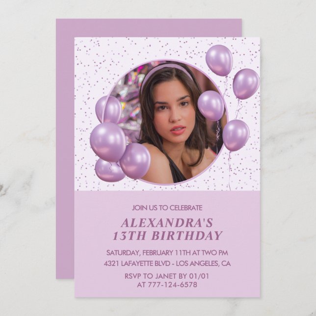 13:e födelsedagsinbjudan Buboner Foto Lila Inbjudningar (Fram/baksida)