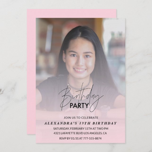 13:e födelsedagsinbjudan Födelsedagsfest Fotorosa Inbjudningar (Fram/baksida)