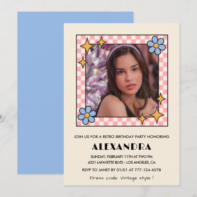 13:e födelsedagsinbjudan Retro Groovy Blue Blommig Inbjudningar (Fram/baksida)