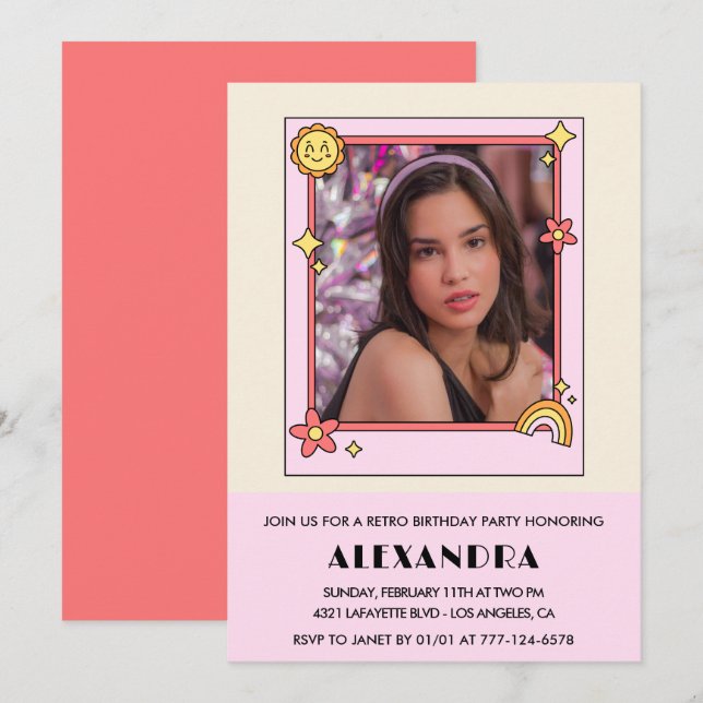 13:e födelsedagsinbjudan Retro Groovy Rosa Blommig Inbjudningar (Fram/baksida)