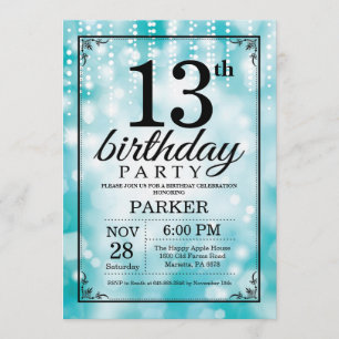 13:e födelsedagsinbjudan Teal Glitter Inbjudningar