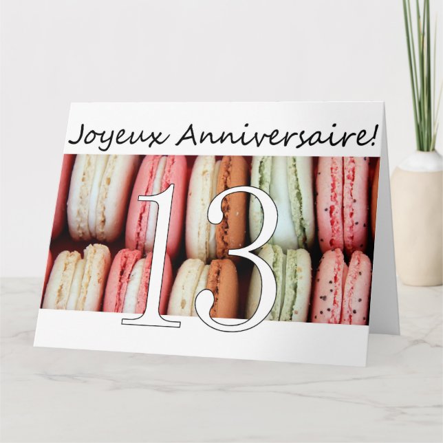 13:e Fransken av födelsedagen: Macaron-Joyeux Anni Kort (Framsida)