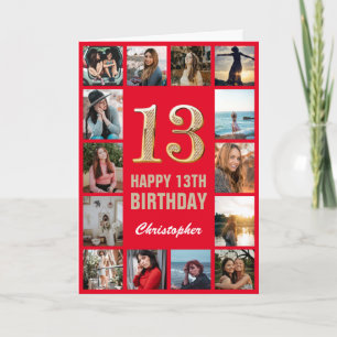 13:e Grattis på födelsedagen Red and Guld Photo Co Kort