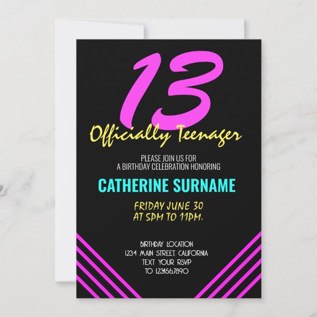 13:e officiella högtidliga födelsetalet i tonåring inbjudningar (Framsida)