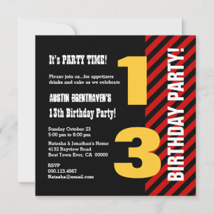 13:e Tonåring Birthday Modern Red Black Rand A05 Inbjudningar