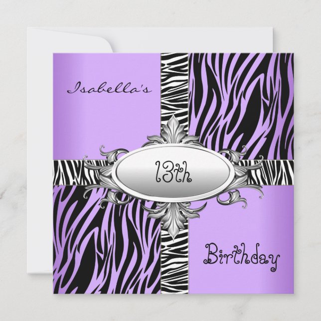 13:e Tonåring Birthday Zebra Vild Lila Animal Blac Inbjudningar (Framsida)