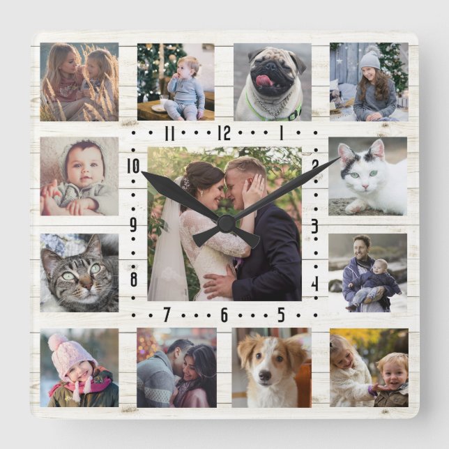 13 Family Photo Collage Rustic Farmhouse Lt Wood Fyrkantig Klocka (Framsida)