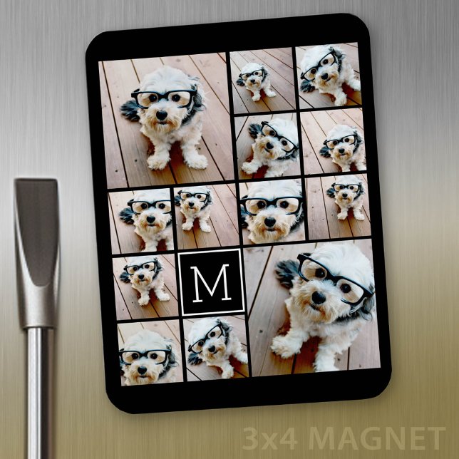 13 Foto Collage Monogram svart - Kan redigera färg Magnet (Personalized refrigerator magnet with photo collage and custom text - add 13 photos to this design)