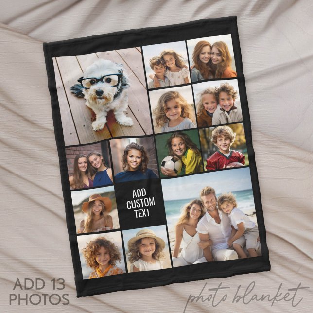 13 Fotocollage Grid - Anpassad text Kan redigeras  Fleecefilt (Photo Blanket - Fleece)