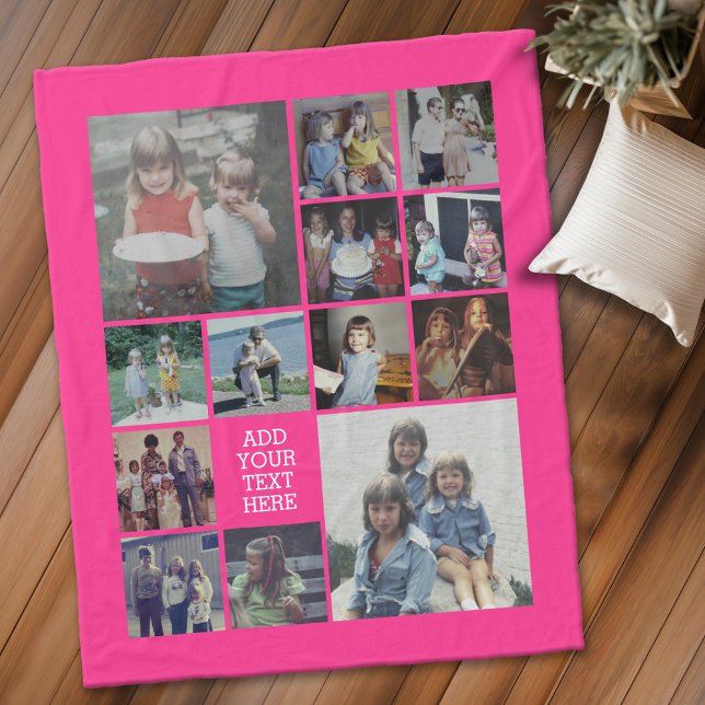 13 Fotokollage och text - Kan redigera Shock rosa Fleecefilt (Personalized fleece blanket with 13 photos and text)