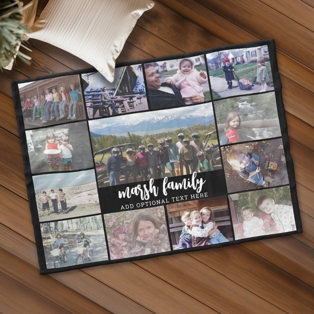 13 Fotokollage Valfri text - Familj - svart Fleecefilt (Personalized fleece blanket with 13 photos and custom text)