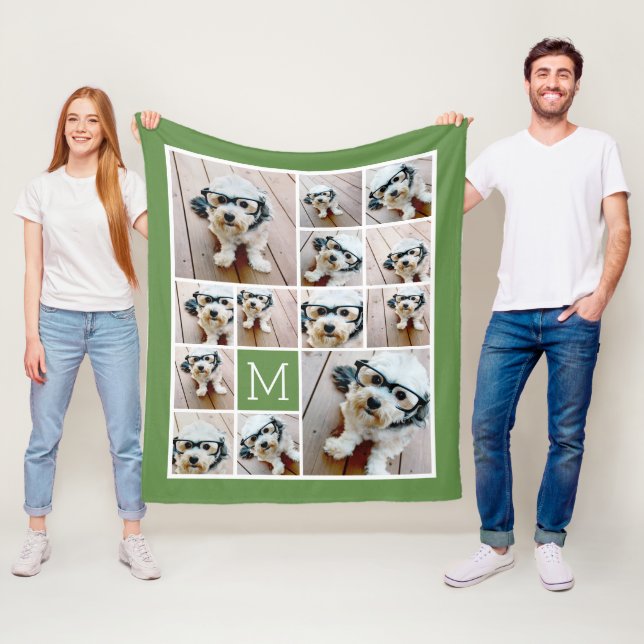 13 Fyrkantig Fotokollage Monogram Grön - grön Fleecefilt (På plats)