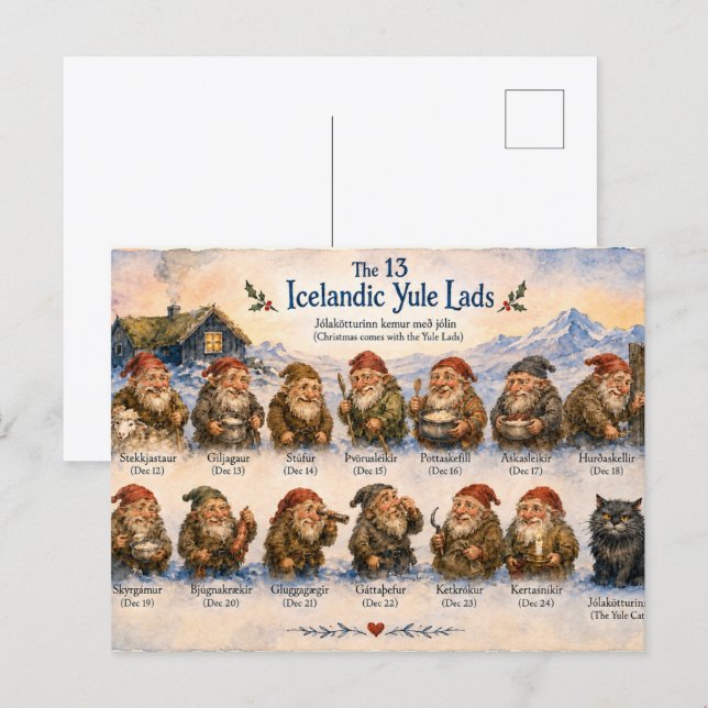 13 isländska julknuttar jul i Island  Vykort (Fram/baksida)