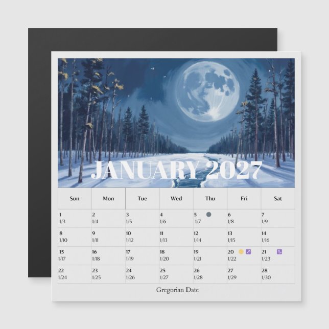 13-månaders månfas zodiakalen januarikalender (Fram/baksida)