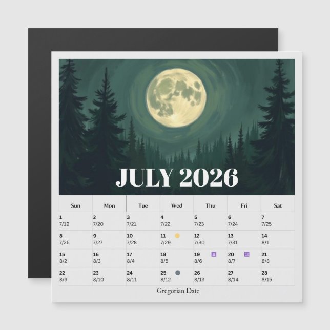 13-Month Moon Phase Zodiac july Calendar (Fram/baksida)