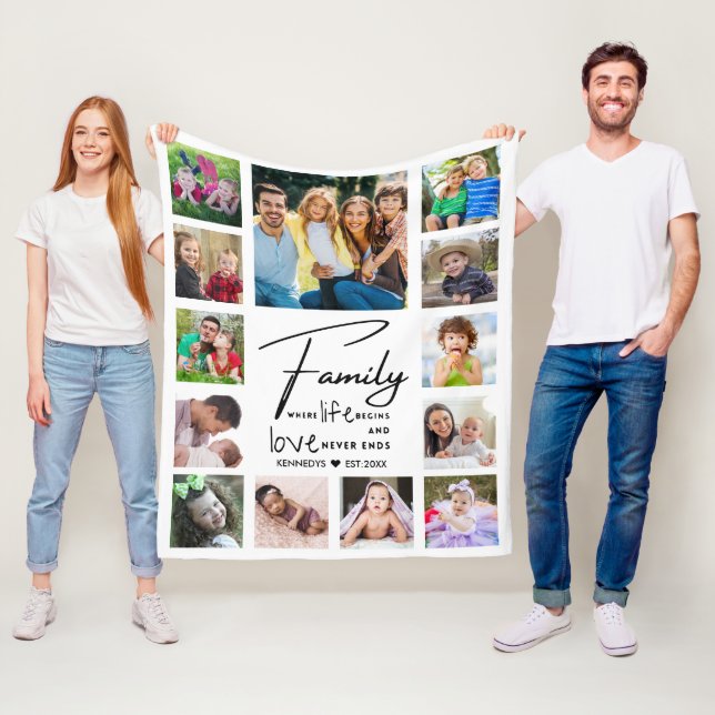 13 Photo Collage Family Quote Name Black And white Fleecefilt (På plats)