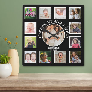 13 Photo Collage Together Family Quote Namn Black Fyrkantig Klocka