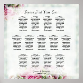 13 Sätesdiagram för Bord Rosa ros Elegant bröllop Poster