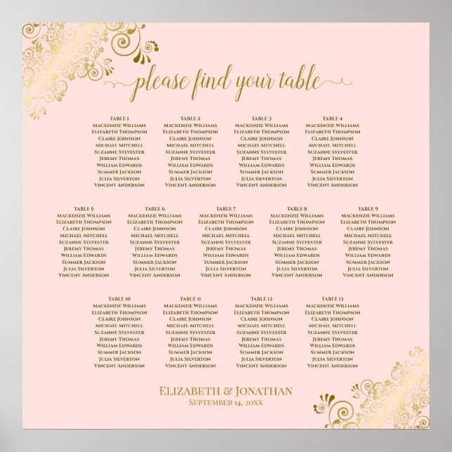 13 Sätesdiagram för  Rosa och Bröllop vid Guld Poster (Framsidan)