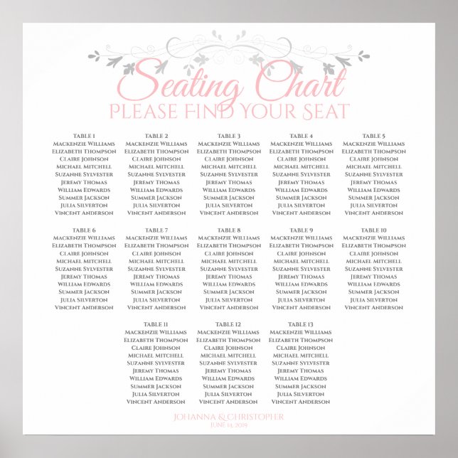 13 Sätesdiagram för Rosa och Grått Bröllop Poster (Framsidan)