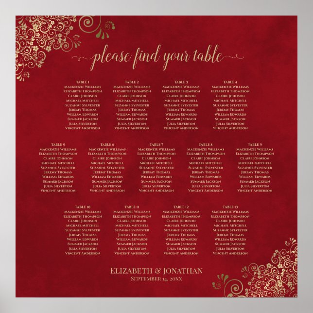 13 Vänligt sittplatskort Bröllop, Röda och Guld Poster (Framsidan)