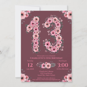 13th Big Birthday Girl Rosa Flowers Grönt Foliage Inbjudningar