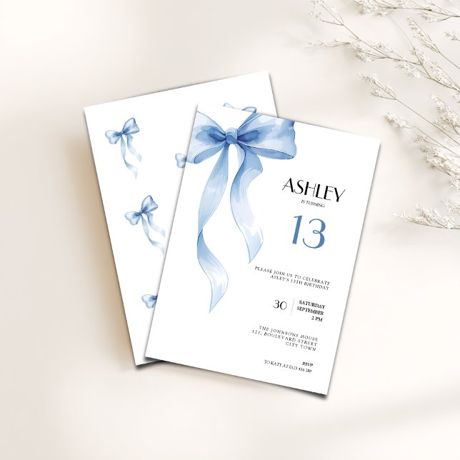 13th Birthday Invitation Blue Bow for Girls Inbjudningar (Blue bow coquette 13th birthday invitation for girls)