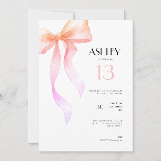 13th Birthday Invitation Pink Bow for Girls Inbjudningar (Framsida)