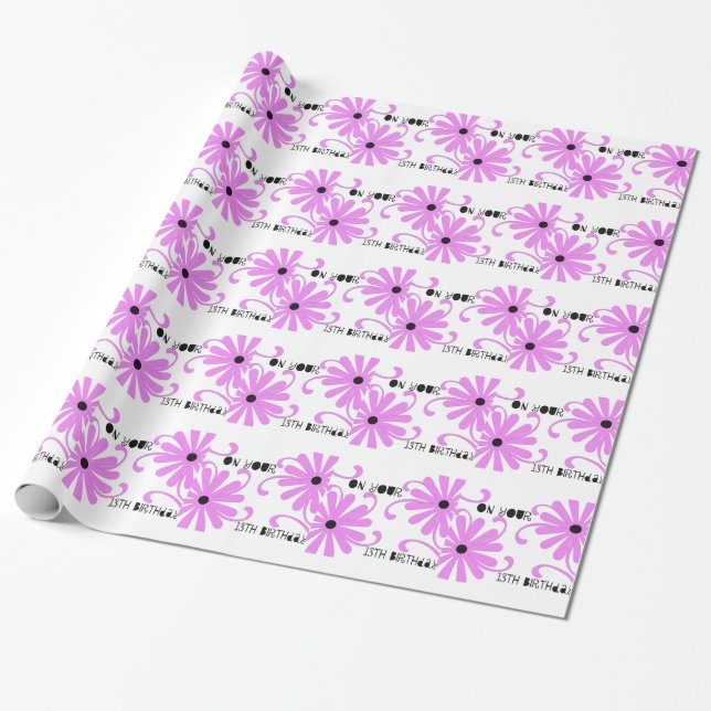 13th födelsedag, ljusa rosa blommor, gåvasjal. presentpapper (Utrullad)