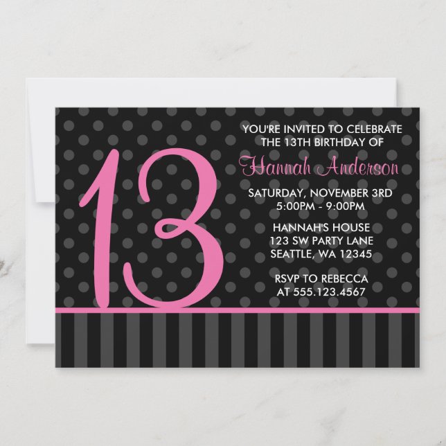 13th Pricker den rosa och svart polkaen för Inbjudningar (Framsida)