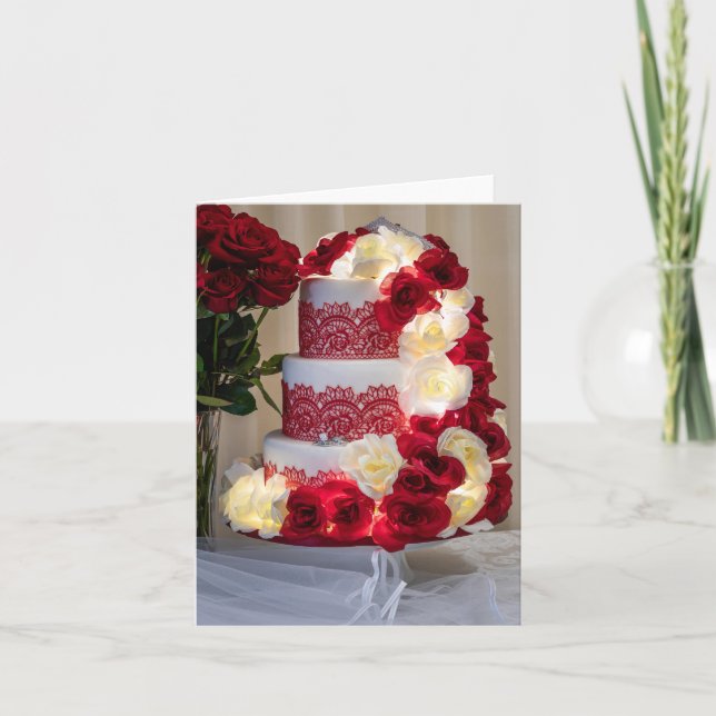 1458-Bröllop Cake, Bouquet, Ringar och Veil Inbjudan (Framsida)