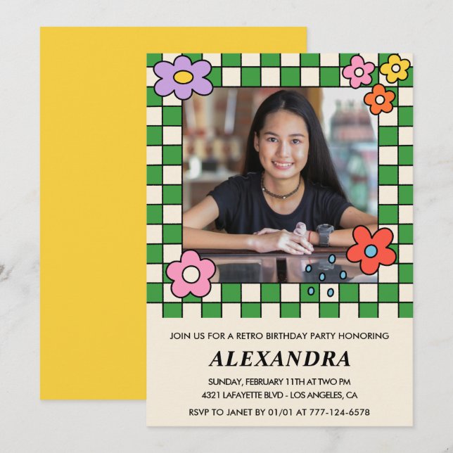 14-års födelsedagsinbjudningar Retro Groovy Blommo Inbjudningar (Fram/baksida)