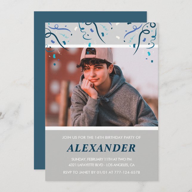 14-årsinbjudningar, pojke Konfetti Photo Blue Inbjudningar (Fram/baksida)