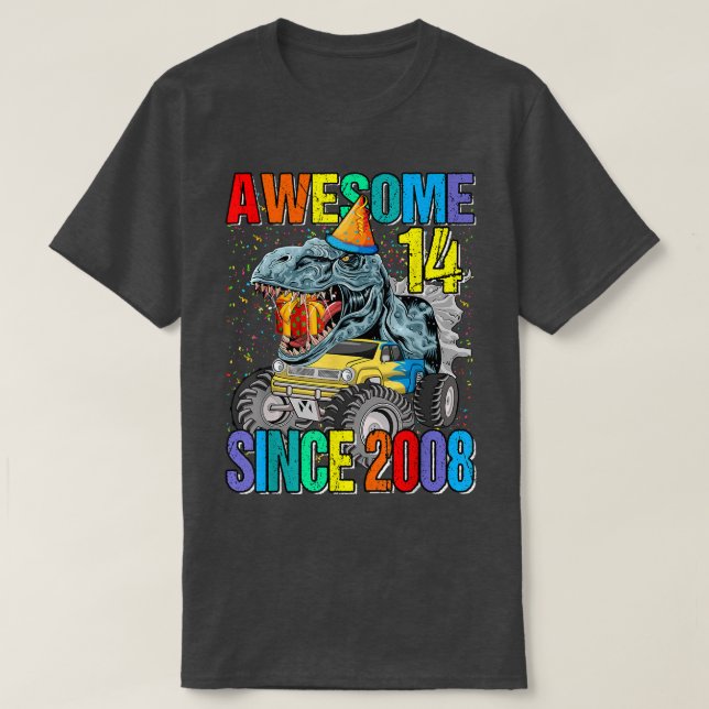 14 Awesome Since 2008 Dinosaur Monster Truck 14th  T Shirt (Design framsida)