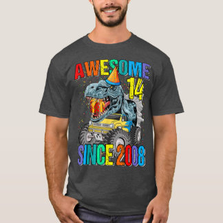 14 Awesome Since 2008 Dinosaur Monster Truck 14th  T Shirt