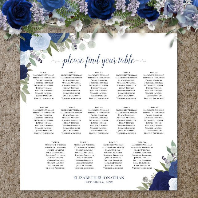 14 Bord Blue Boho Blommigt Bröllop Sittplatsdiagra Poster (In Situ on Wall with Flowers)
