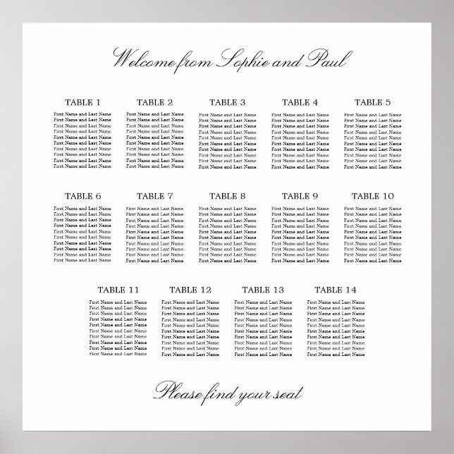 14 Bord Elegant Minimalistisk Placeringsplan Poster (Framsidan)
