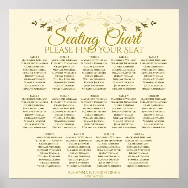 14 Bord Elegant, sätesdiagram för Guld Cream Bröll Poster (Framsidan)