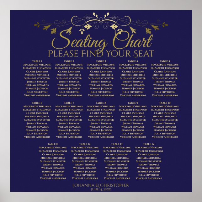 14 Bord Elegant, sätesdiagram för Guld och marin B Poster (Framsidan)