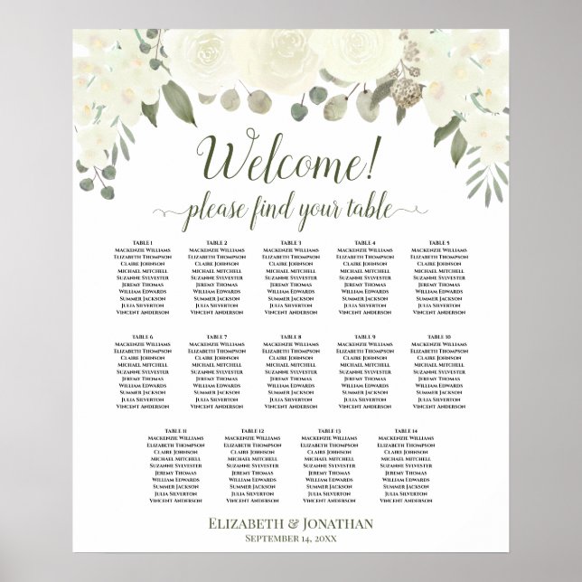 14 Bord Elfenbensvit Blommig Bröllopsställning Poster (Framsidan)