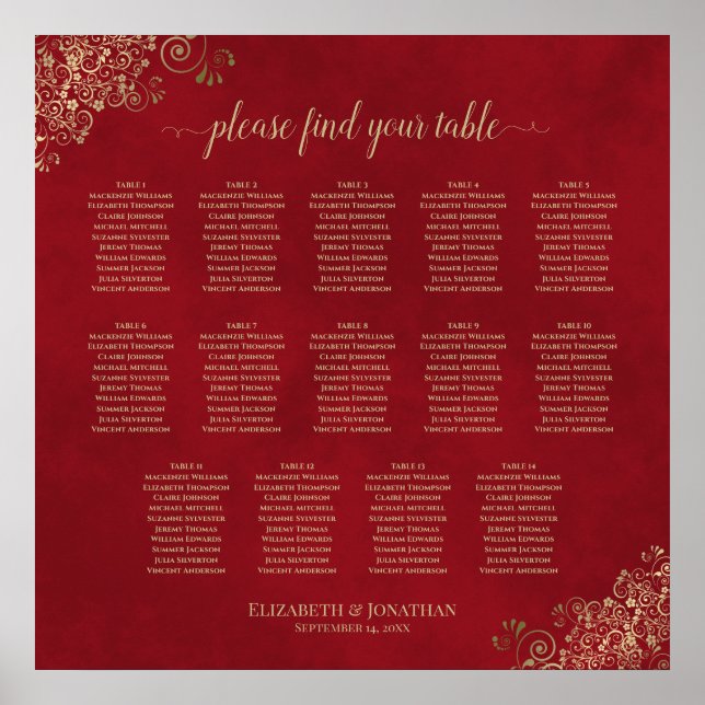 14 Bord frilly Bröllop-sätesdiagram Röd och Guld Poster (Framsidan)