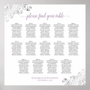 14 Bord Lacy Bröllop Seating Chart White Lavender Poster
