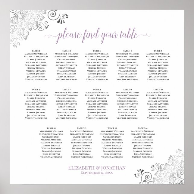 14 Bord Lacy Bröllop Seating Chart White Lavender Poster (Framsidan)