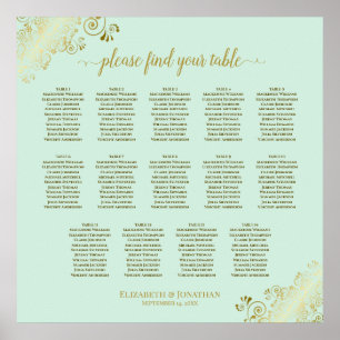 14 Bord Mint Grönt och sätesdiagram för Guld Bröll Poster